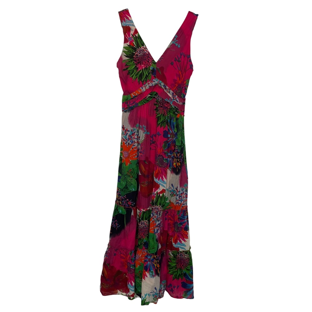 Funky People Maxi Dress Womens Medium Pink Floral Cotton Tiered Boho Smocked